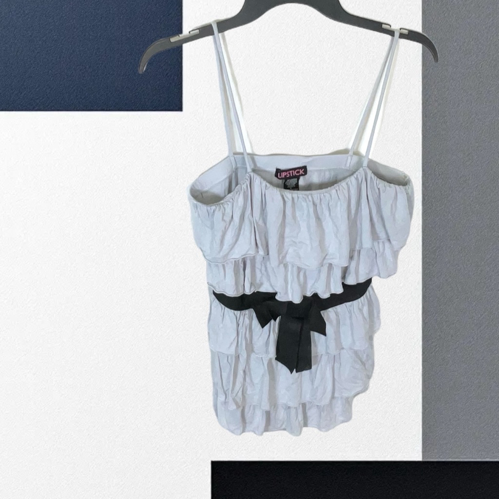 Lipstick (Vintage?) Baby Blue Gray Spaghetti Strap Ruffle Tiered Top Women Large - Picture 2 of 5